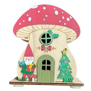 World Market Laser Cut Wood Red Green Mushroom House LED Light Up Decor NEW